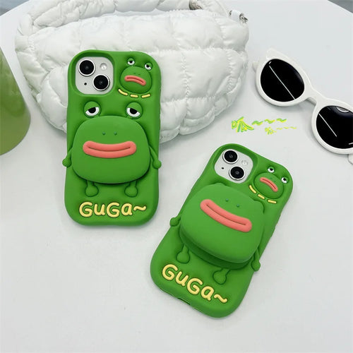 Cute Cartoon Thick Lips Frog Silicone Telescopic Bracket Phone Case For iPhone