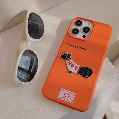 Cute Cartoon Dachshund Litchi Pattern Phone Case For iPhone