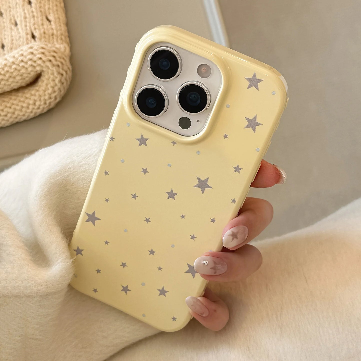 Korean Style Yellow Full Screen Grey Stars Soft Phone Case For iPhone