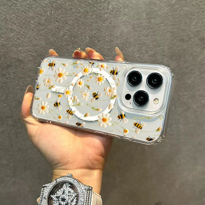 Honeybee Flower Pattern Magnetic Clear Phone Case For iPhone