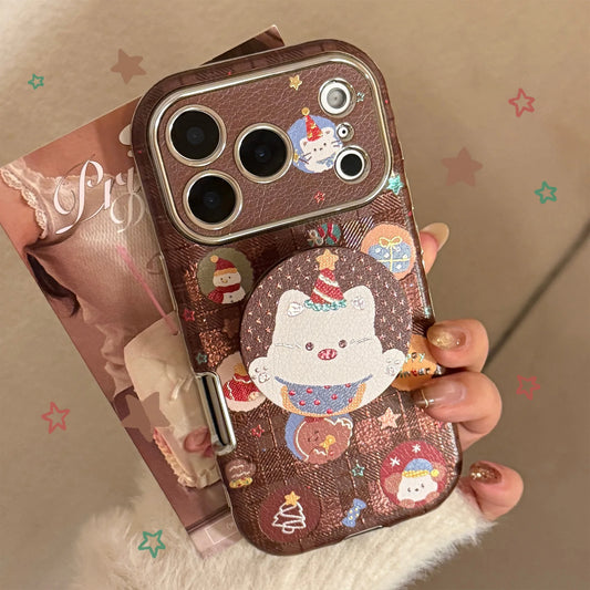 Korean Christmas Cartoon Puppy Bracket Leather Texture Phone Case For iPhone