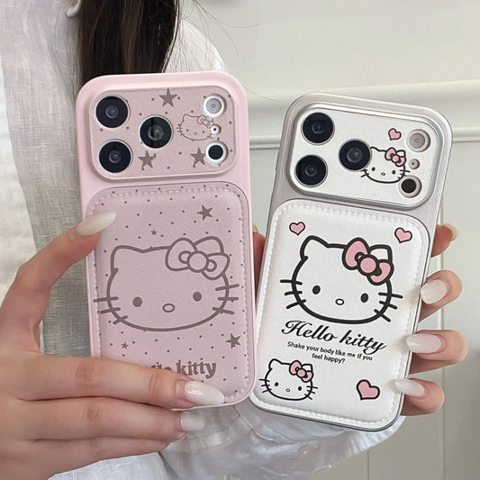 Korean Pink Big Head Hellokitty Leather Phone Case For iPhone
