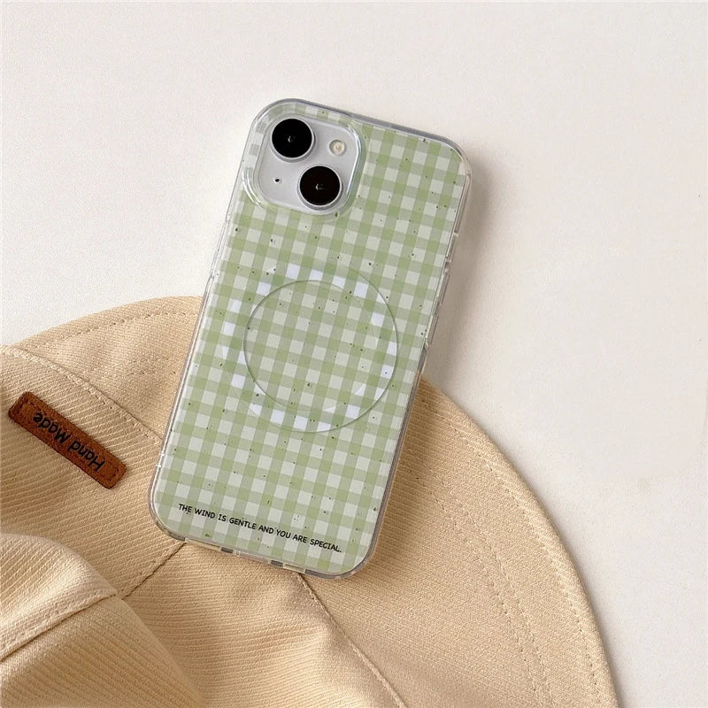 Simple Green Plaid Pattern Magnetic Phone Case