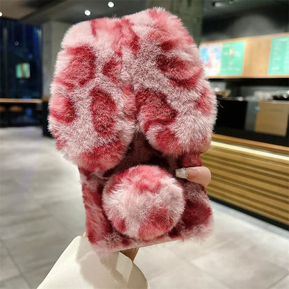 Cute Cartoon Leopard Print Bunny Fur Plush Phone Case For iPhone