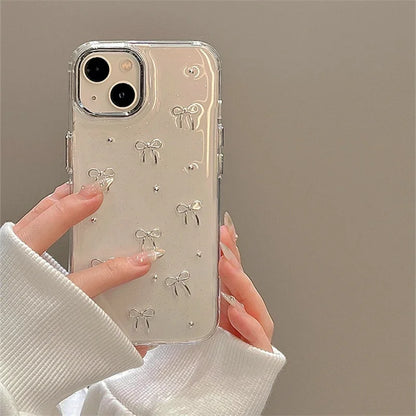 INS Korea Girl Glitter 3D Silver Bow Beads Phone Case For iPhone