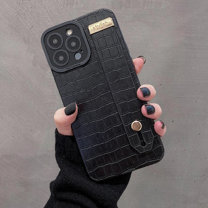 Imitation Crocodile Skin Leather Hand Wrist Strap Holder Phone Case