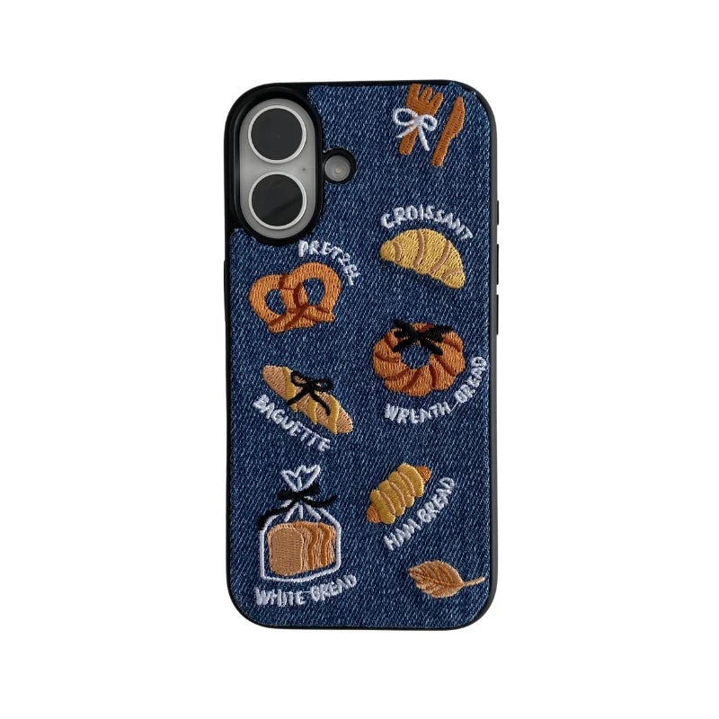 Retro Denim Embrpoidery Bread Toast Warm Fabric Phone Case