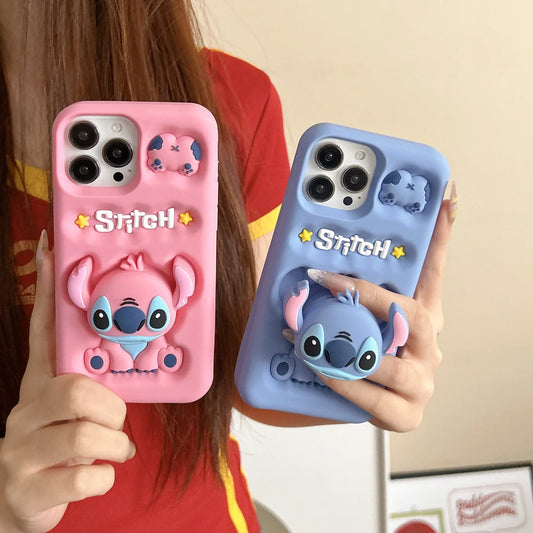 Cute 3D Stitch Head Grip Holder Phone Case For iPhone