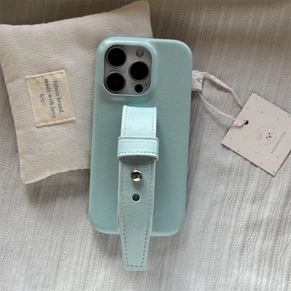 Simple Sky Blue Leather Wristband Stand Phone Case