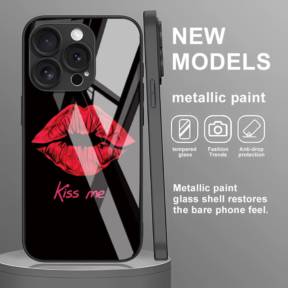 Sexy Girl Red Lips Tempered Glass Phone Case For iPhone