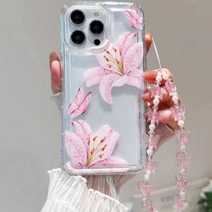 Sweet Pink Lily Pattern With Lanyard Phone Case For iPhone