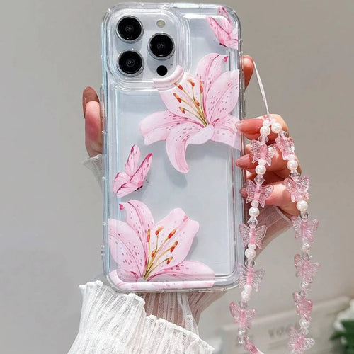 Sweet Pink Lily Pattern With Lanyard Phone Case For iPhone