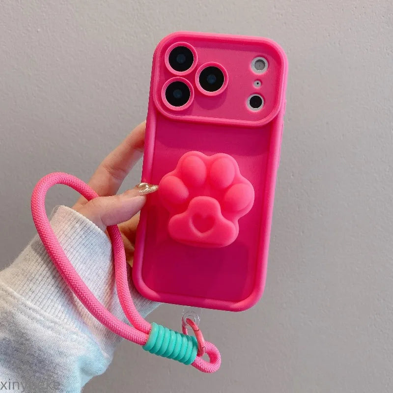 Cute Cat Paws Stand With Lanyard Phone Case For iPhone