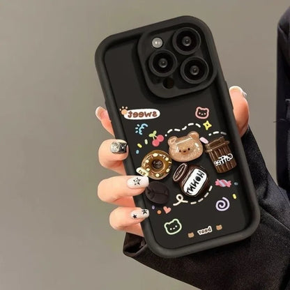 Cute 3D Bear Coffee Donut Phone Case For iPhone