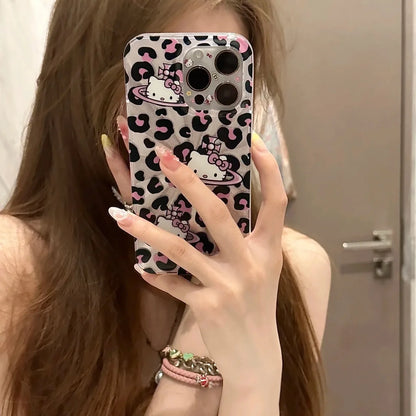 Sanrio Hello Kitty Bow Pink Lepard Print Phone Case For iPhone