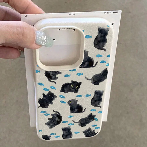 Cute Black Cat Blue Fish Pattern Silicone Phone Case For iPhone