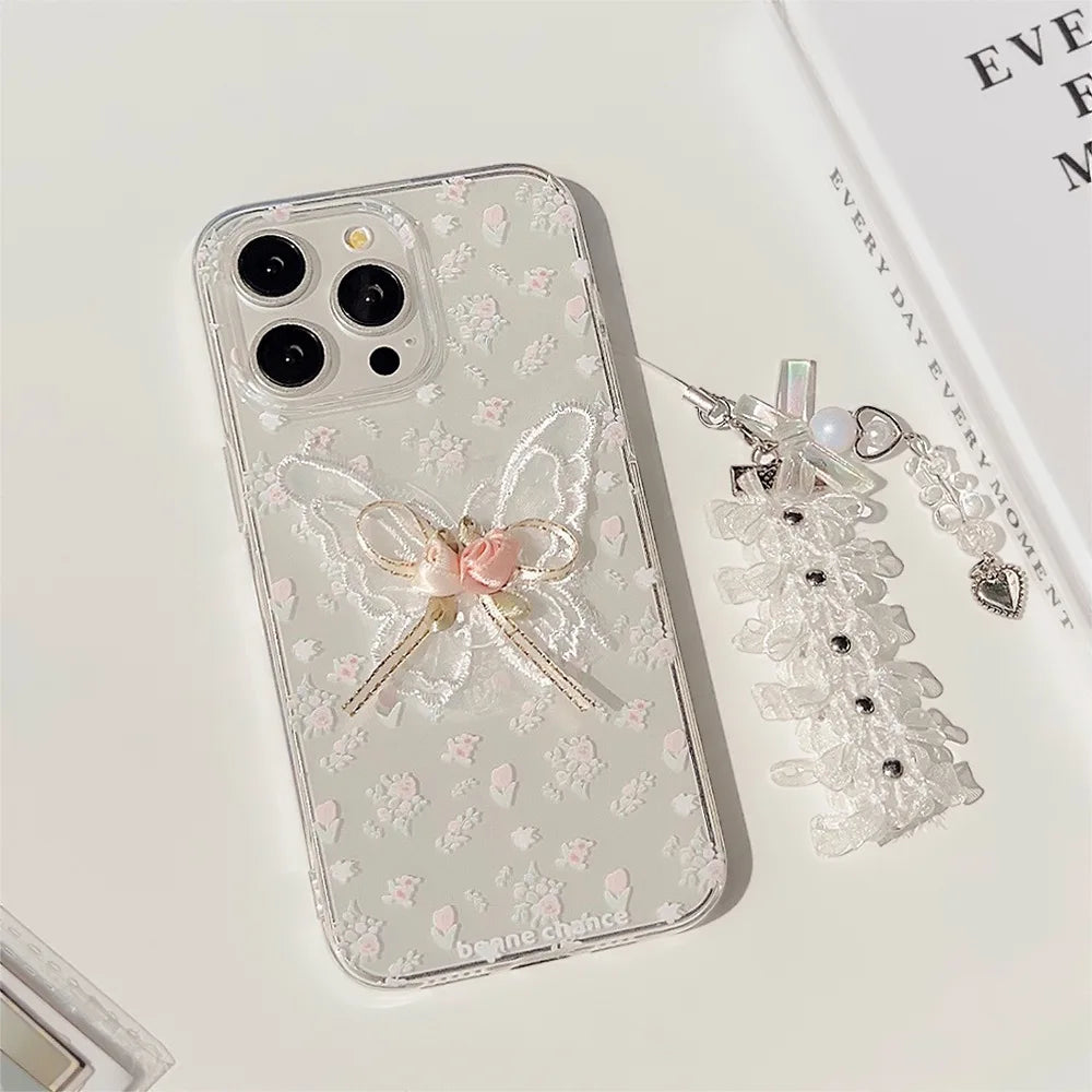 Korean 3D Butterfly Flower Lace Pendant Phone Case For iPhone