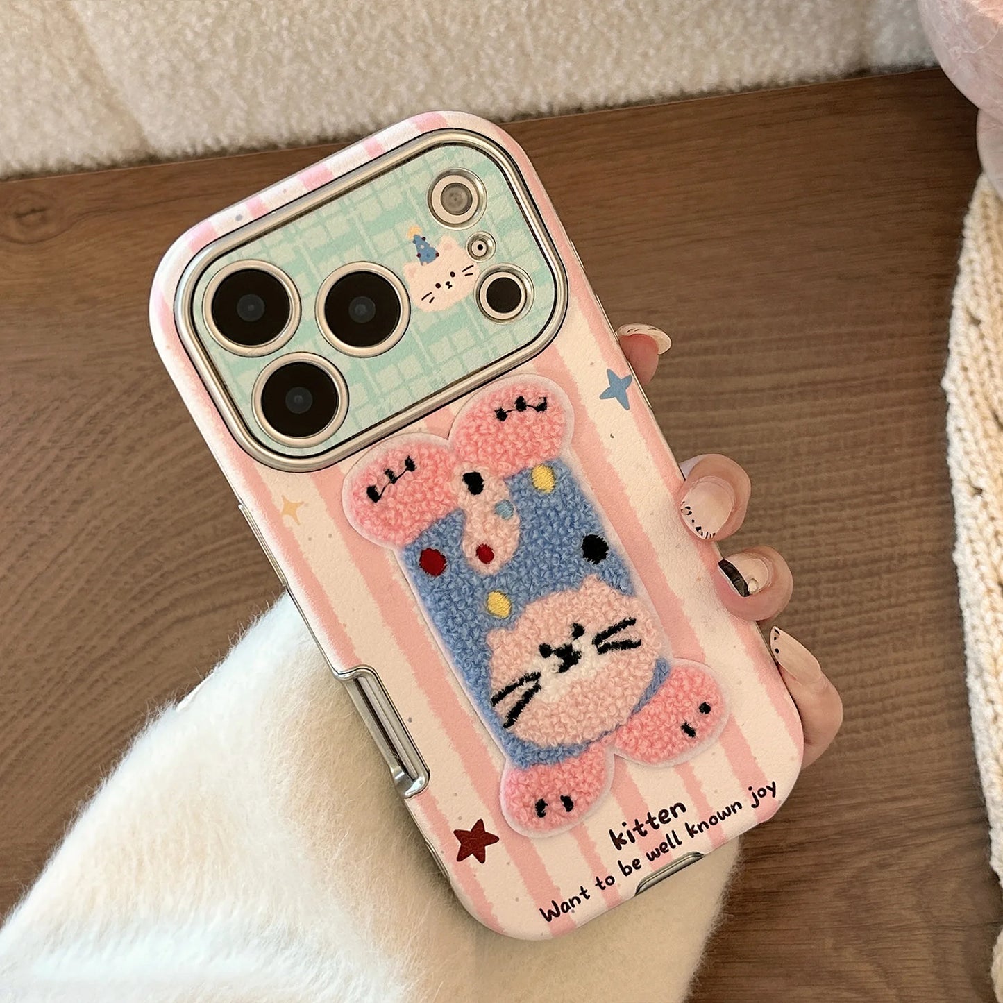 Korean Cartoon Embroidery Plush Animals Leather Texture Phone Case For iPhone
