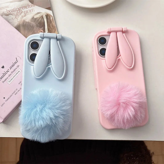 3D Cartoon Rabbit Ear Foldable Holder Silicone Phone Case For iPhone