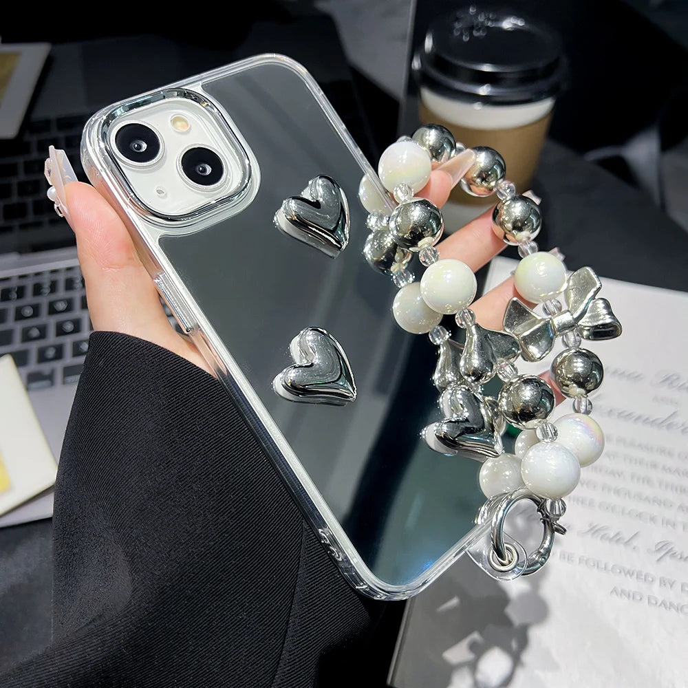3D Love Heart Pearl Bracelets Chain Lanyard Phone Case For iPhone