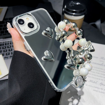 3D Love Heart Pearl Bracelets Chain Lanyard Phone Case For iPhone