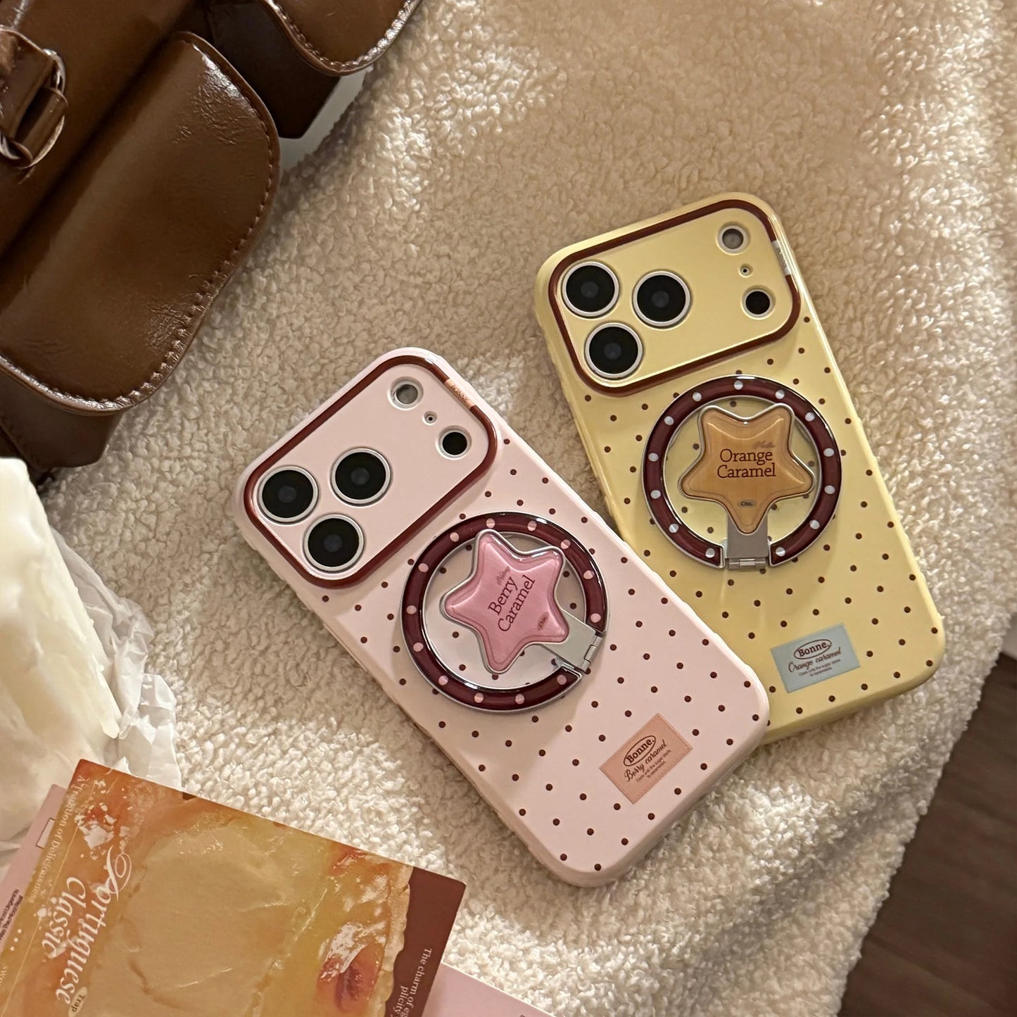 Korean Polka Dots Cartoon Bear Fold Stars Magnetic Bracket Phone Case For iPhone