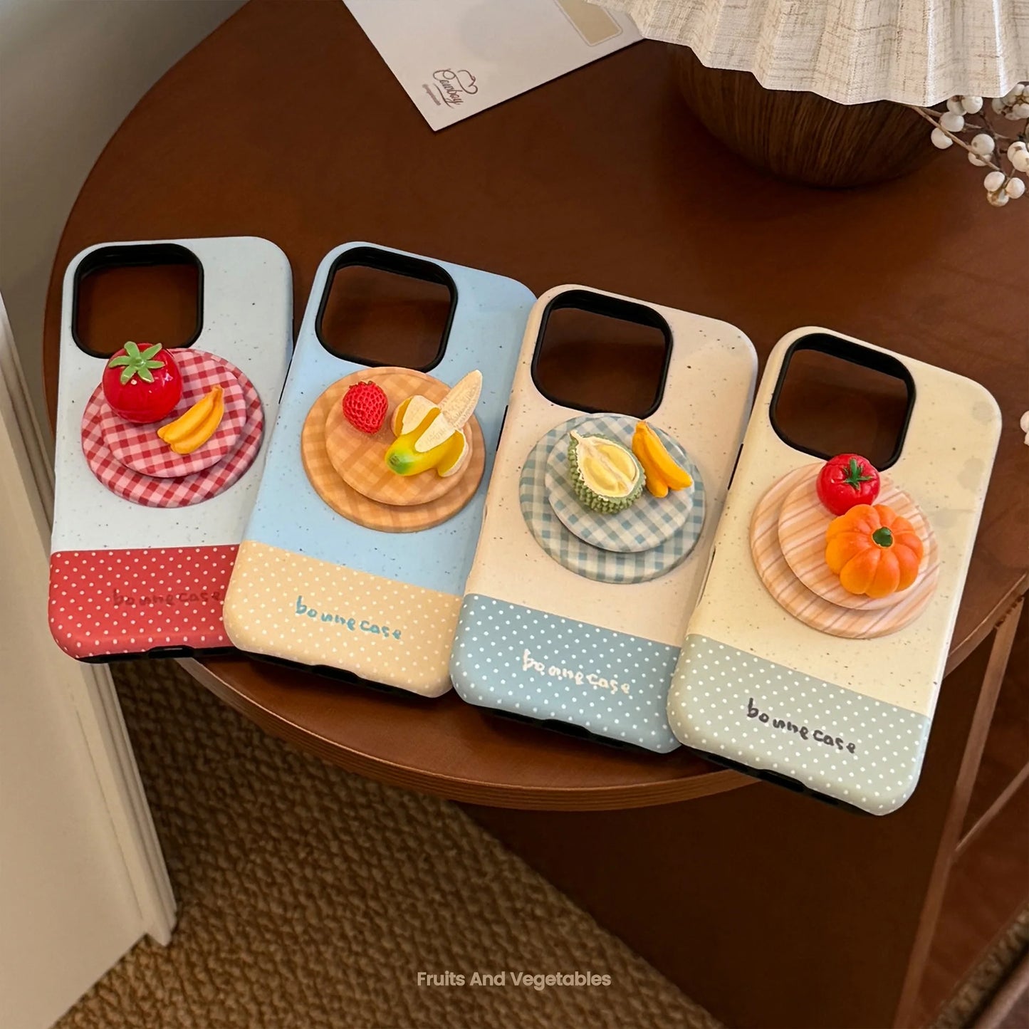 Korean Splicing 3D Cartoon Fruit Plaid Bracket Magnetic Phone Case For iPhone