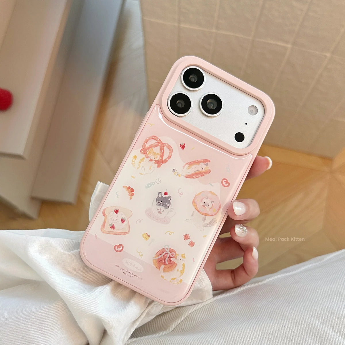 Korean Cartoon Kitten Dessert Bread Pattern Drop Glue Phone Case For iPhone