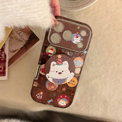 Korean Christmas Cartoon Puppy Bracket Leather Texture Phone Case For iPhone