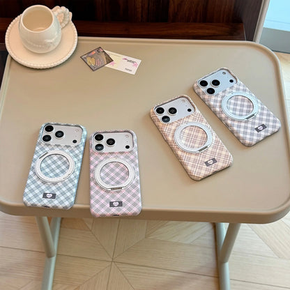 Korean Grid Pattern Fold 360° Rotating Ring Magnetic Bracket Phone Case For iPhone